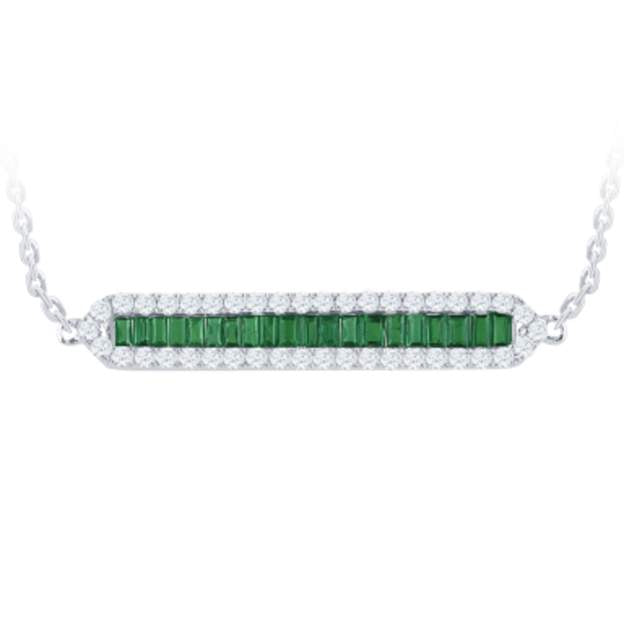 14K Bar Diamond Halo And Emerald Necklace