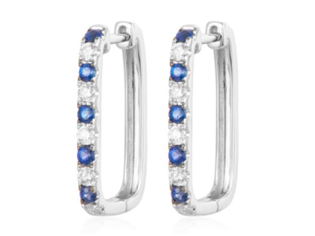 14K Diamond And Sapphire Square Hoop Earrings