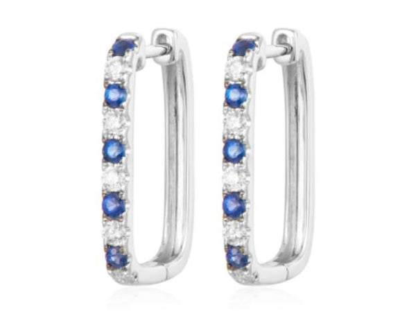 14K Diamond And Sapphire Square Hoop Earrings
