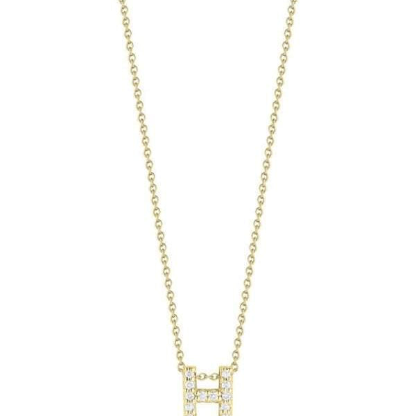 Roberto Coin 18K Yellow Gold Tiny Treasures 0.06ctw Diamond Love Letter "H" With Diamonds, Cable Chain 16"/18"