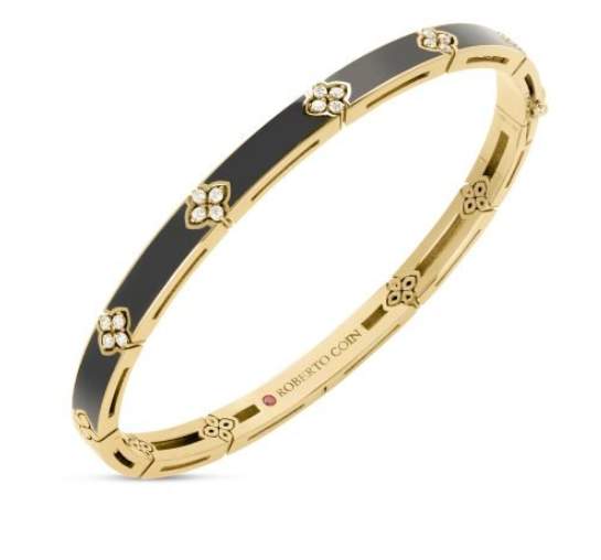 Roberto Coin 18K Yellow Gold Love In Verona Diamond And Black Enamel ~4mm Width Bracelet