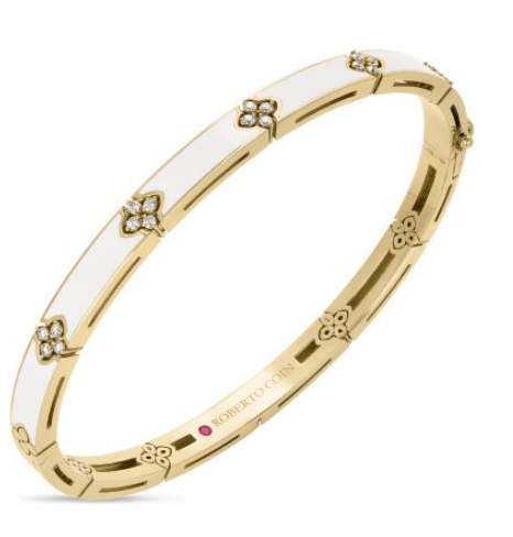 18k yg Roberto Coin Love in Verona White Enamel Bangle ~4mm Width Bracelet With .15ctw Diamonds. Provident Jewelery