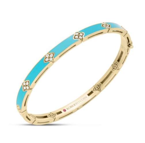 Roberto Coin 18K Yellow Gold Love in Verona Turquoise (Cyan) Enamel Bangle Bracelet With Diamonds.