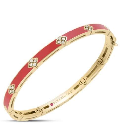 Roberto Coin 18k Yellow Gold Love In Verona Coral Enamel Bangle With .14ctw Diamonds