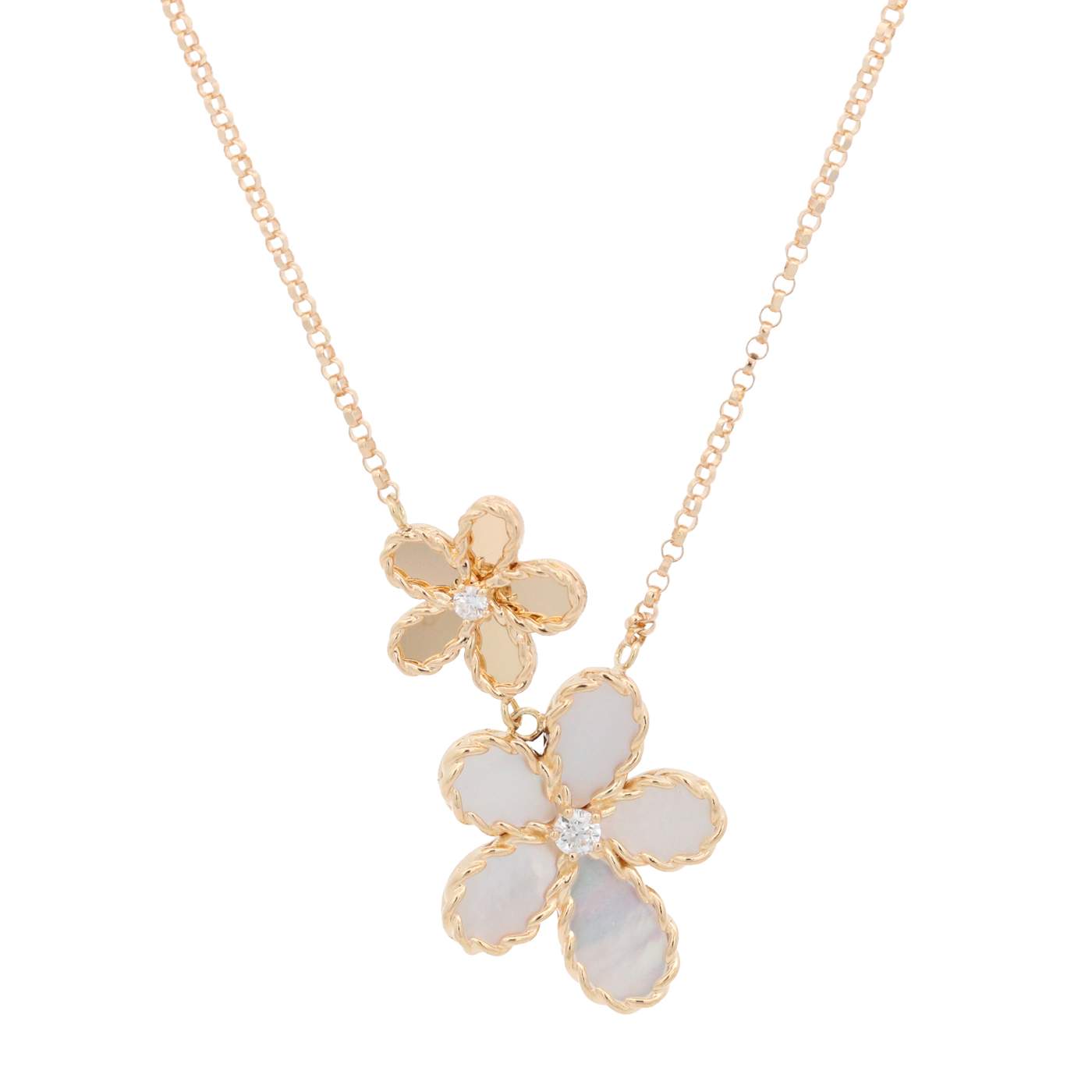 Roberto Coin 18k Yellow Gold Jasmine .04ctw Diamond And Mother of Pearl Flower Necklace.