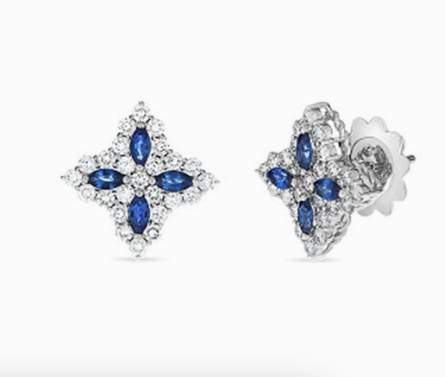 Roberto Coin 18k White Gold 1.01ctw Diamond And .65ctw Sapphire Princess Flower Earrings. (Size Medium ) Provident Jewelery