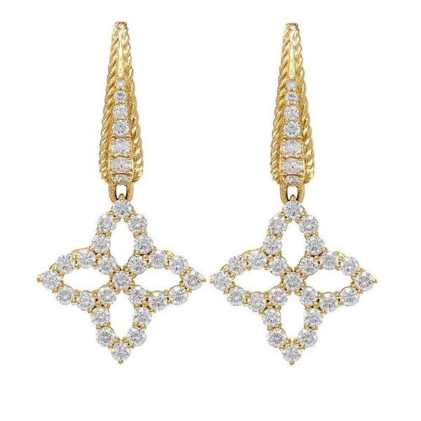 Roberto Coin 18K Yellow Gold ~2.57 Ctw Diamond Princess Flower Drop Earrings Large Provident Jewelery