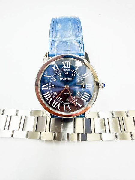 Pre-Owned Ronde Solo Steel Cartier, Steel Bracelet & Blue Leather with Deployant Buckle