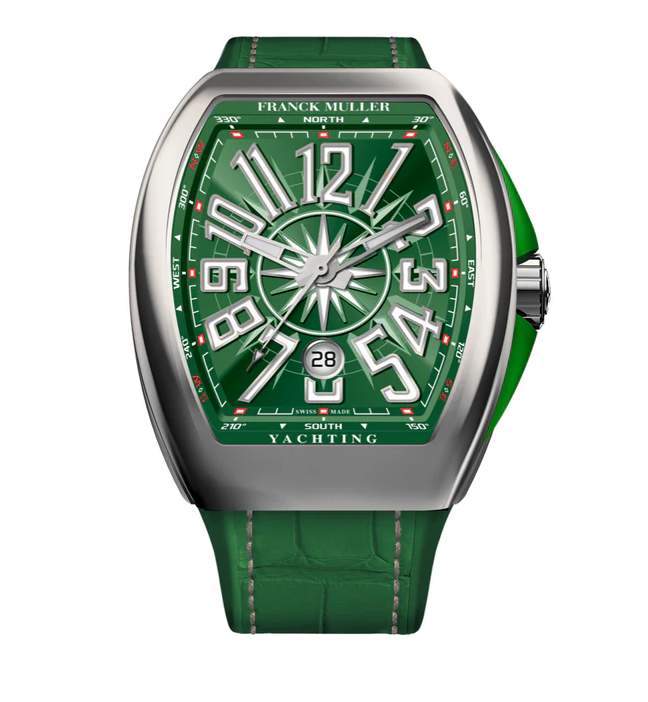 Franck Muller Watch Vanguard Yachting 43mm  Stainless Steel Case With Green Inserts On Both Sides Of The Case Green Dial And White Numerals On A Green Hand Sewn Alligator Or Nylon Strap Stainless Steel Buckle