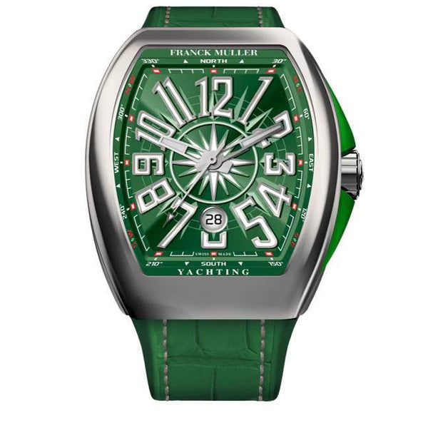 Franck Muller Watch Vanguard Yachting 43mm  Stainless Steel Case With Green Inserts On Both Sides Of The Case Green Dial And White Numerals On A Green Hand Sewn Alligator Or Nylon Strap Stainless Steel Buckle Provident Jewelery