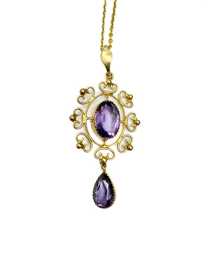 18K Yellow Gold Vintage Chain With 6 Stations Of Amethyst And Quartz Beads 27" With 14K Yellow Gold Amethyst Drop Pendant
