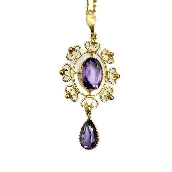18K Yellow Gold Vintage Chain With 6 Stations Of Amethyst And Quartz Beads 27" With 14K Yellow Gold Amethyst Drop Pendant