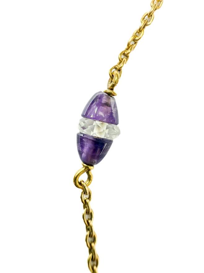 18K Yellow Gold Vintage Chain With 6 Stations Of Amethyst And Quartz Beads 27" With 14K Yellow Gold Amethyst Drop Pendant
