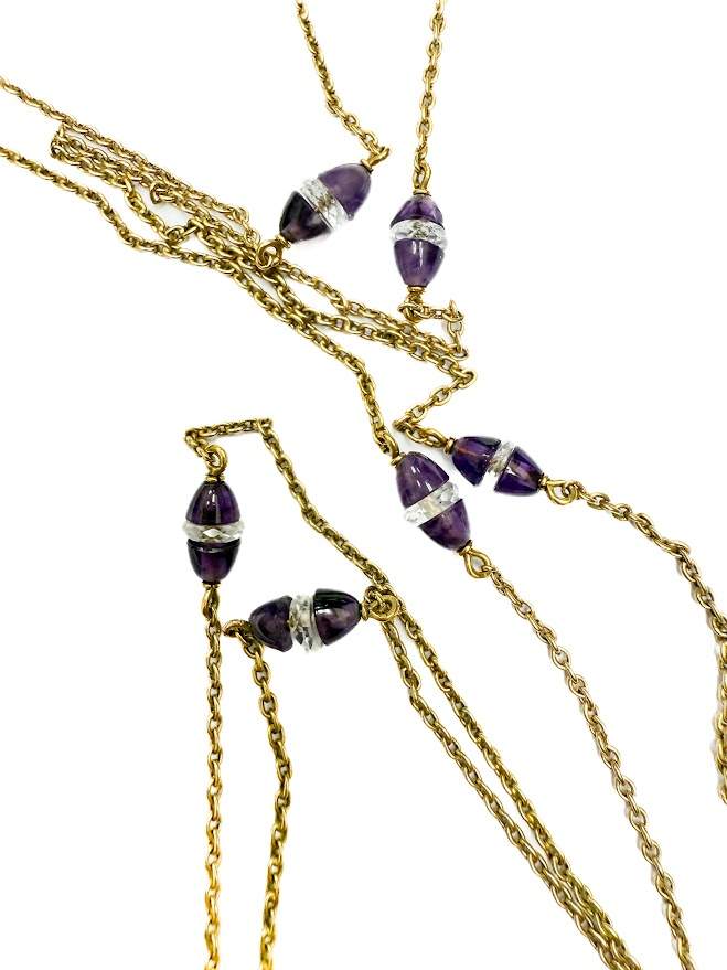 18K Yellow Gold Vintage Chain With 6 Stations Of Amethyst And Quartz Beads 27" With 14K Yellow Gold Amethyst Drop Pendant