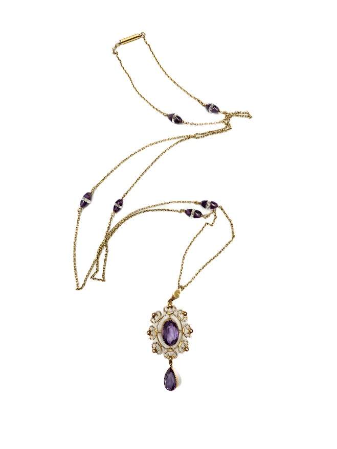 18K Yellow Gold Vintage Chain With 6 Stations Of Amethyst And Quartz Beads 27" With 14K Yellow Gold Amethyst Drop Pendant