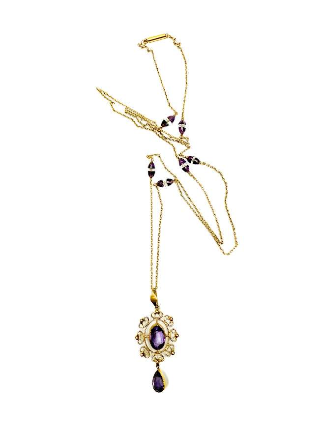 18K Yellow Gold Vintage Chain With 6 Stations Of Amethyst And Quartz Beads 27" With 14K Yellow Gold Amethyst Drop Pendant