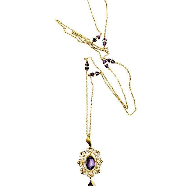 18K Yellow Gold Vintage Chain With 6 Stations Of Amethyst And Quartz Beads 27" With 14K Yellow Gold Amethyst Drop Pendant