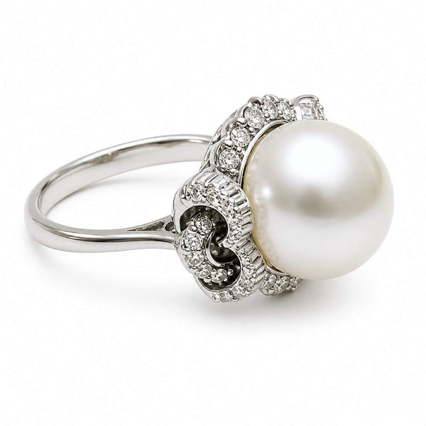 18K Vintage  Cultured Pearl Diamond Pave Ring