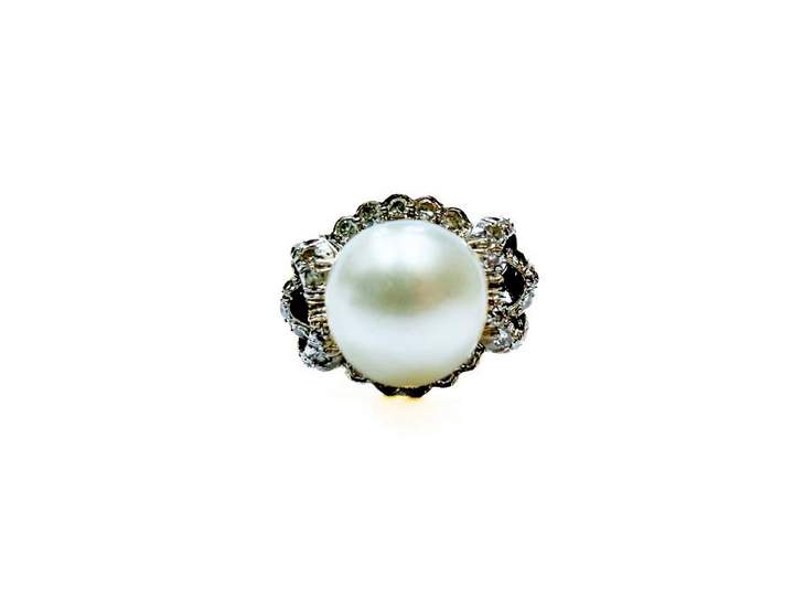 18K Vintage  Cultured Pearl Diamond Pave Ring Provident Jewelery