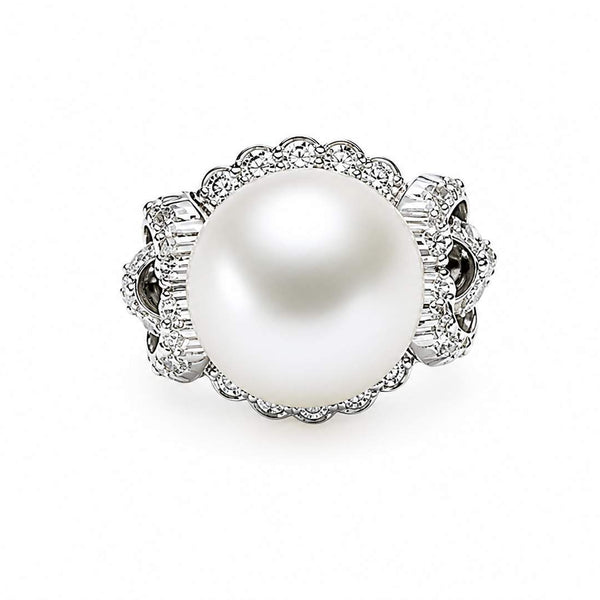 18K Vintage  Cultured Pearl Diamond Pave Ring