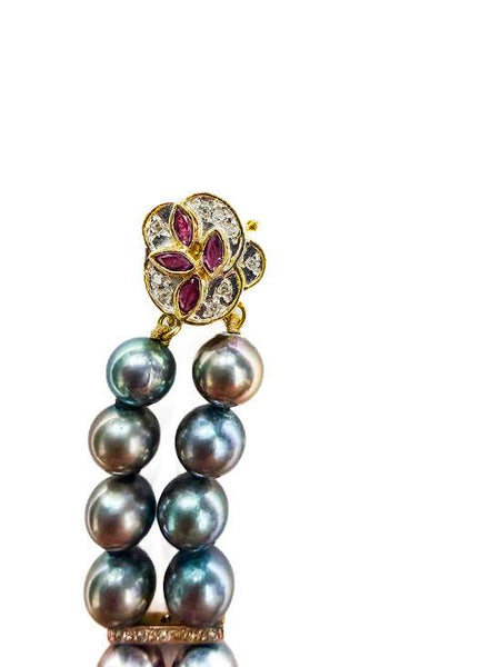 14K Black Cultured Pearl Two Row Strand Bracelet , Ruby Diamond Clasp