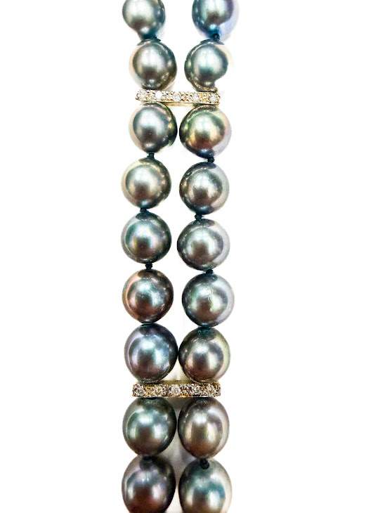 14K Black Cultured Pearl Two Row Strand Bracelet , Ruby Diamond Clasp