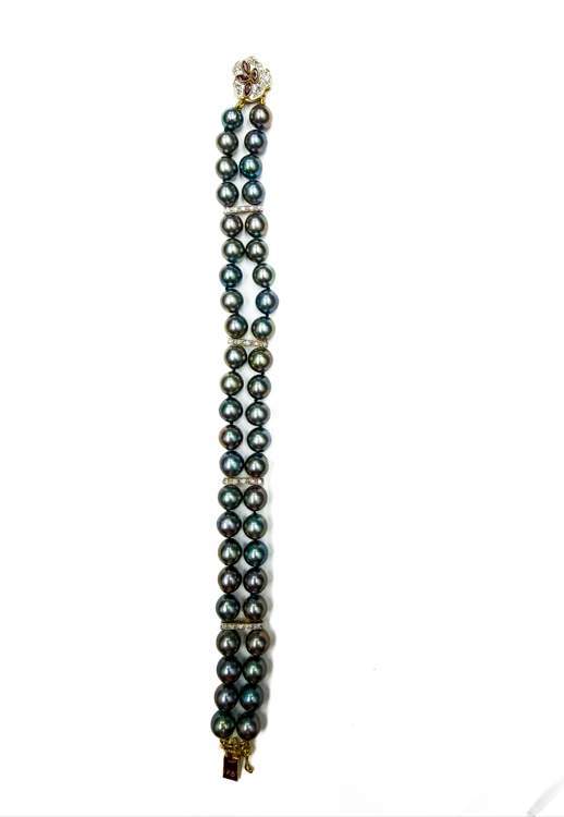 14K Black Cultured Pearl Two Row Strand Bracelet , Ruby Diamond Clasp