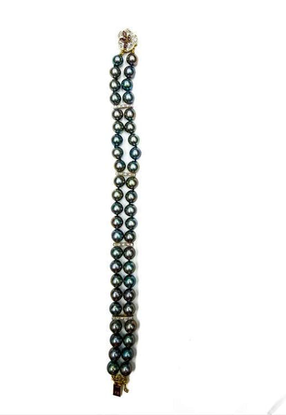 14K Black Cultured Pearl Two Row Strand Bracelet , Ruby Diamond Clasp