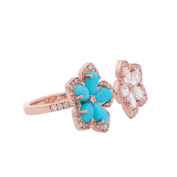 Turquoise And Diamond Two Flower Open Ring