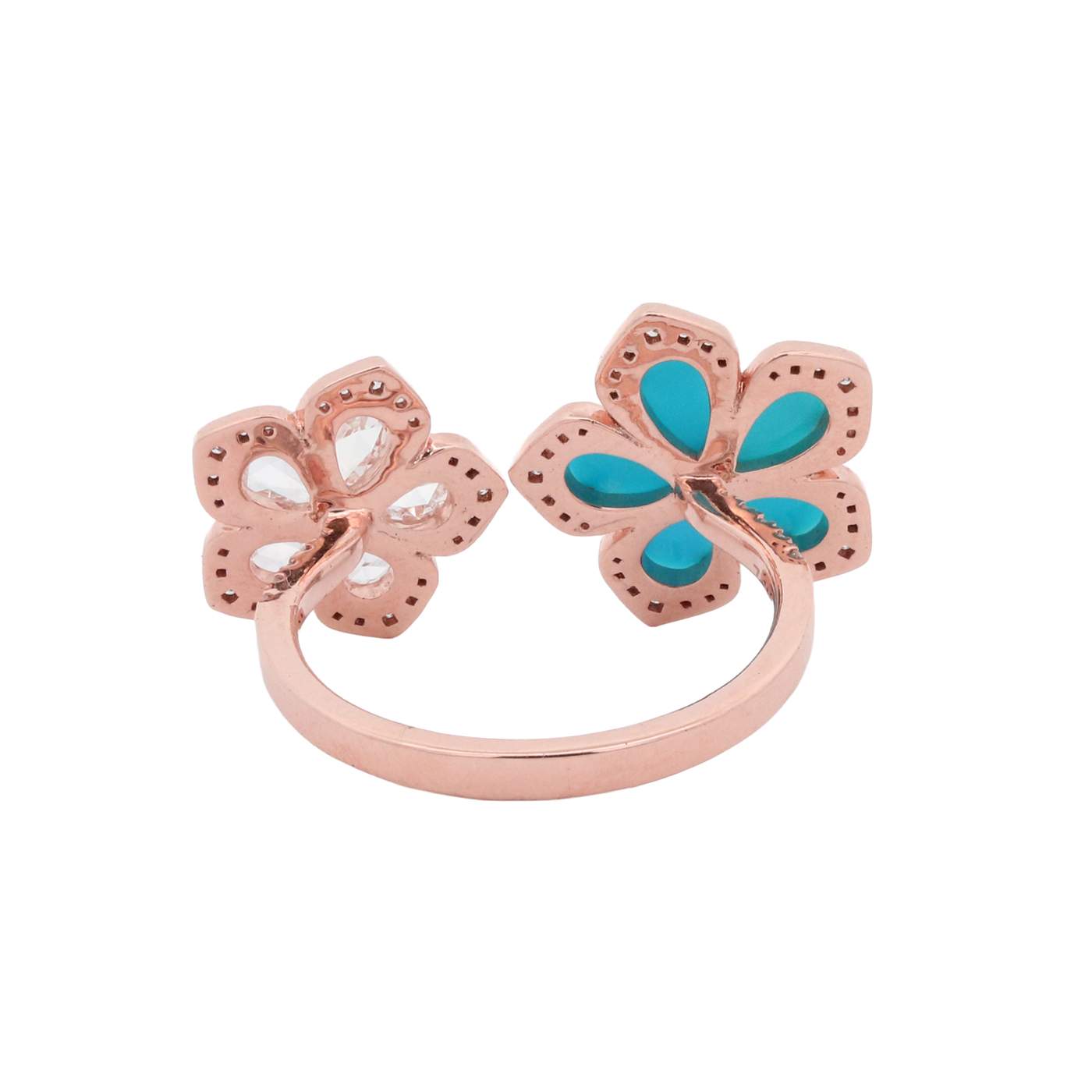Turquoise And Diamond Two Flower Open Ring