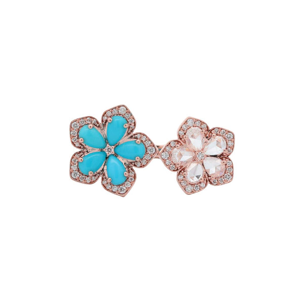 Turquoise And Diamond Two Flower Open Ring