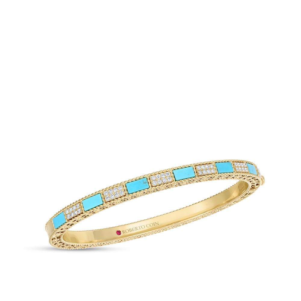 18K  Roberto Coin Diamond and Turquoise Mosaic Bangle