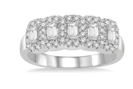 14KW Emerald Shape 5 Stone Halo Half Eternity Diamond RING