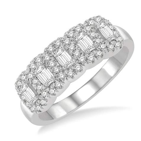 14KW Emerald Shape 5 Stone Halo Half Eternity Diamond RING