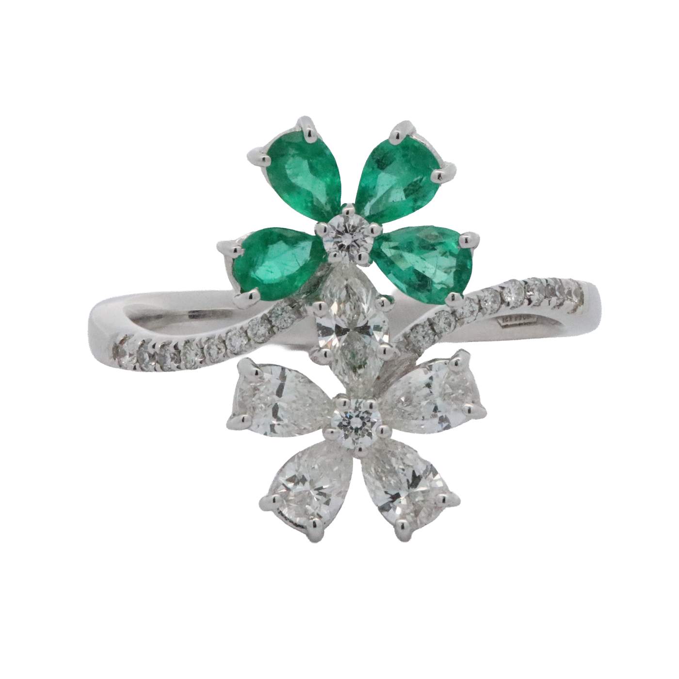 18K Emerald and Diamond Bypass Flower Ring Provident Jewelery