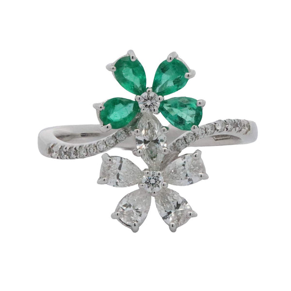 18K Emerald and Diamond Bypass Flower Ring Provident Jewelery