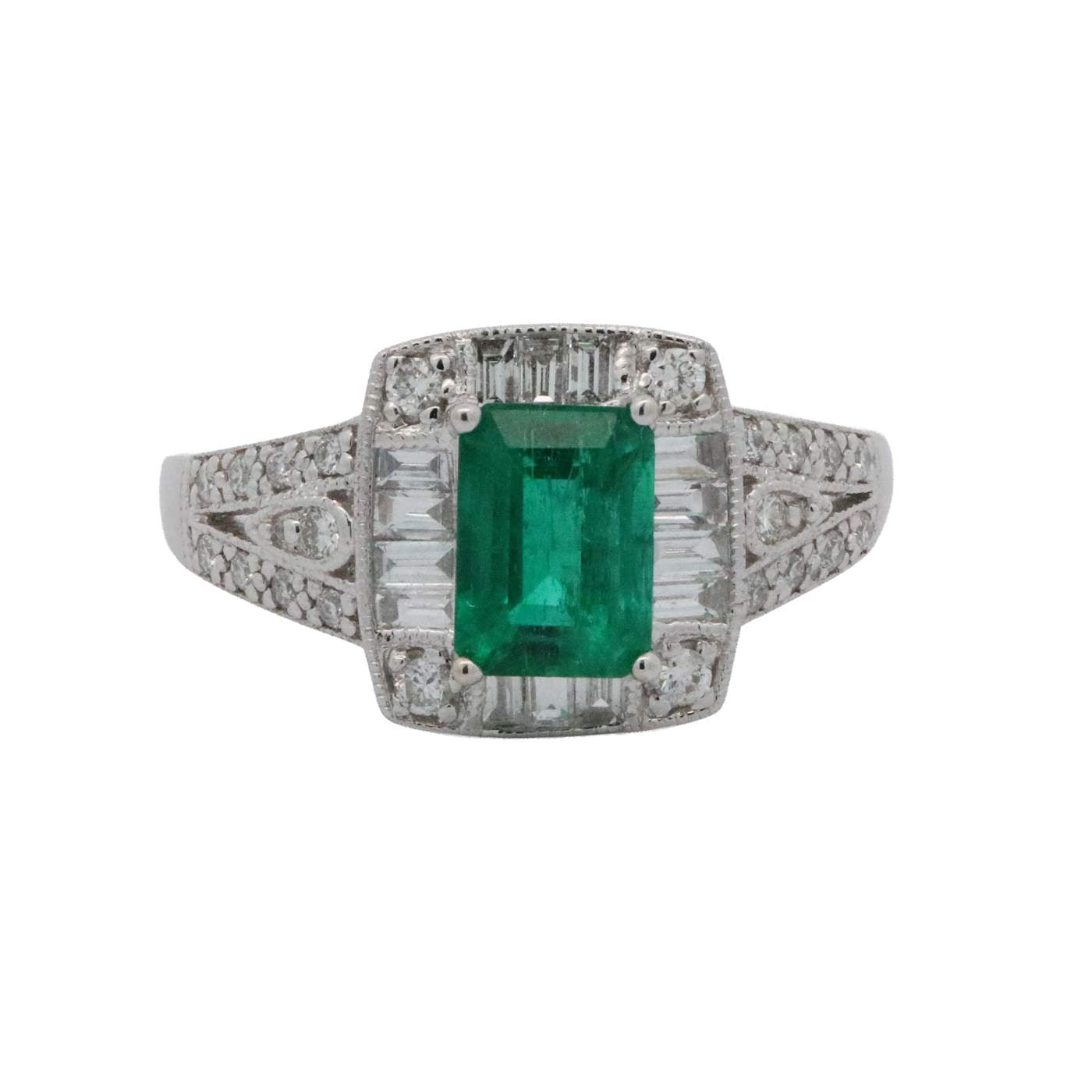 18K Emerald and Round and Baguette Diamond Ring Provident Jewelery