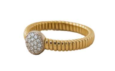 18K Two Tone Flex Ring With Round Diamond Top. Provident Jewelery