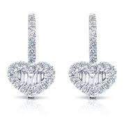 14K White Gold Round and Baguette Hanging Heart Earrings.