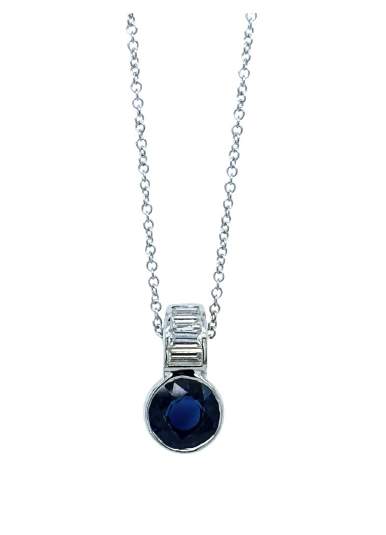 14K Sapphire and Baguette Diamond Pendant with Chain.