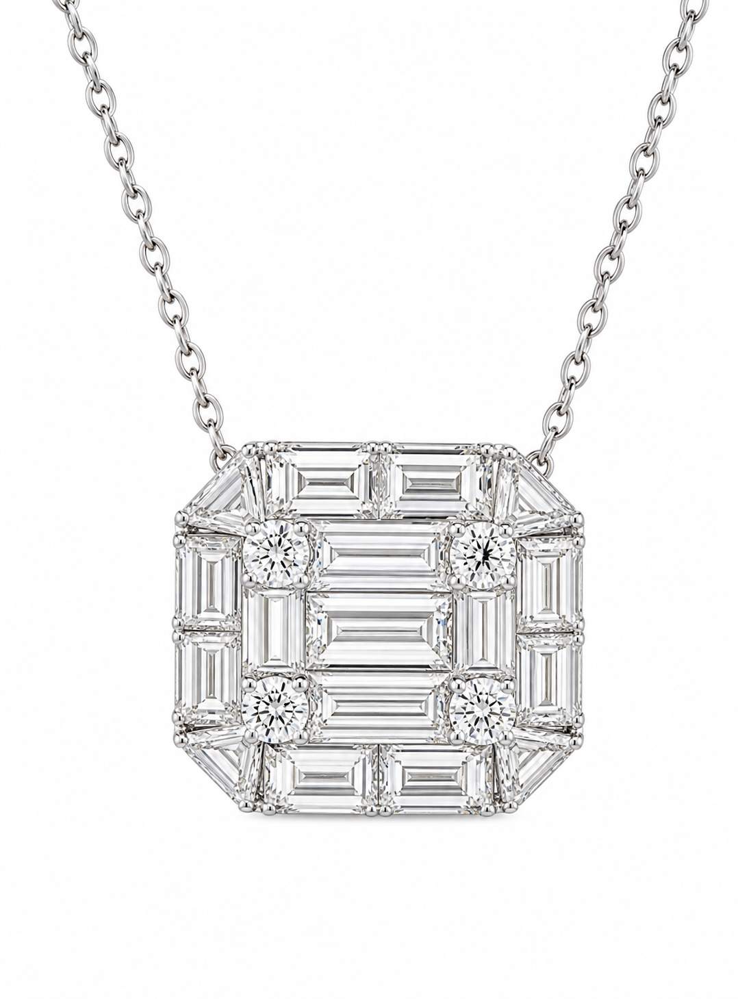 18K Round and Baguette Diamond Pendant With 16" Chain.