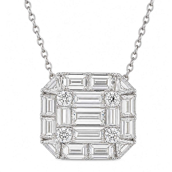 18K Round and Baguette Diamond Pendant With 16" Chain.