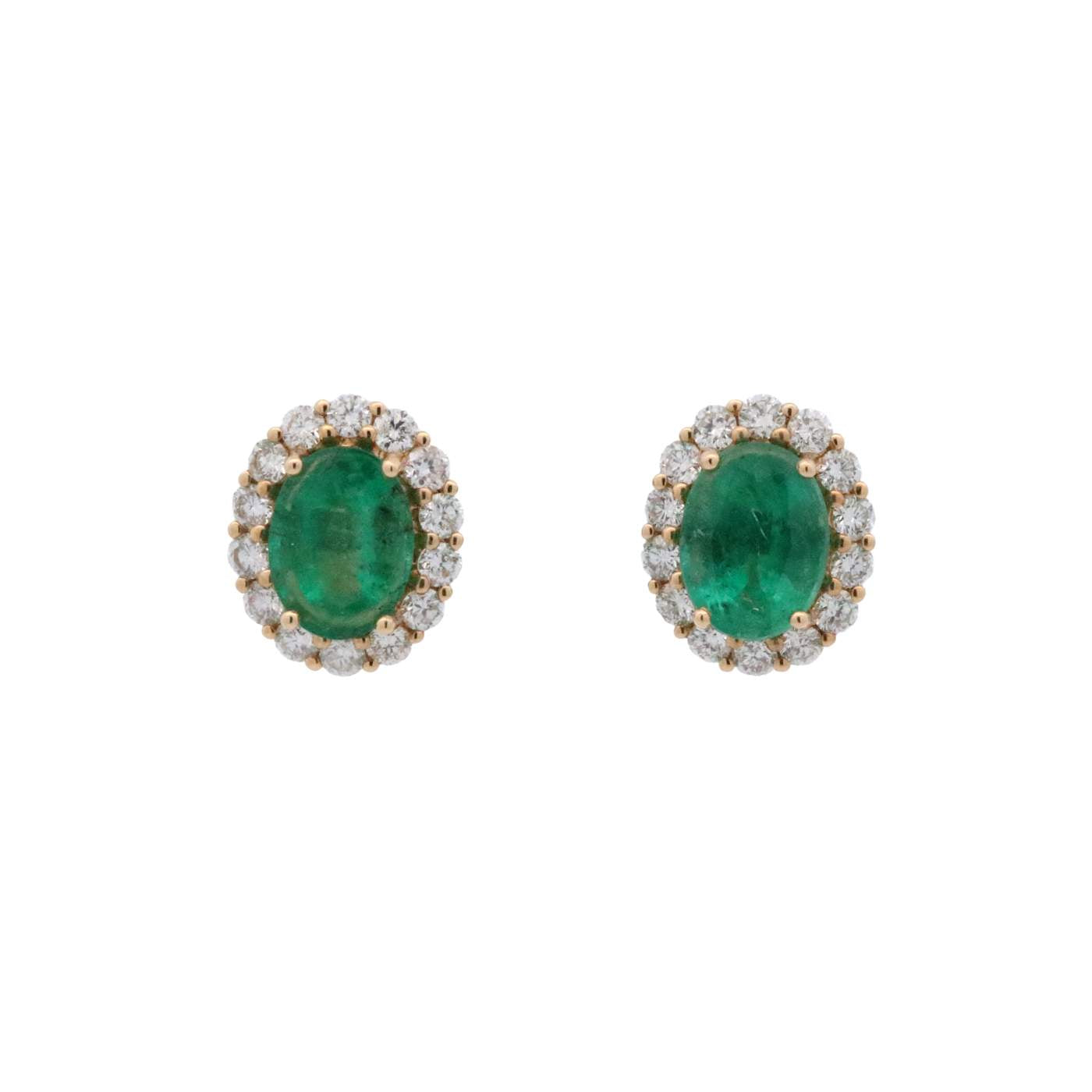 18K Oval Emerald Stud Earrings With Diamond Halo