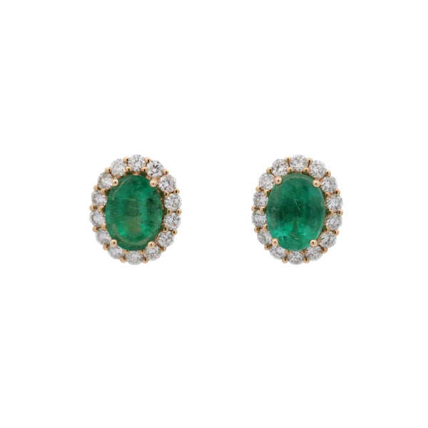 18K Oval Emerald Stud Earrings With Diamond Halo