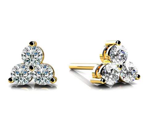 14K Yellow Gold Three Round Diamond Stud Earrings 6 Diamond= ~0.95 Ctw
