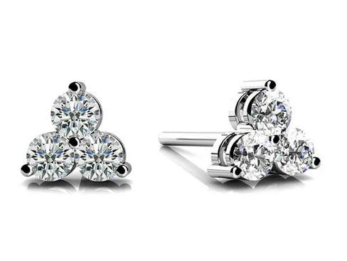 14K White Gold Three Round Diamond Stud Earrings 6 Diamond= ~0.95 Ctw