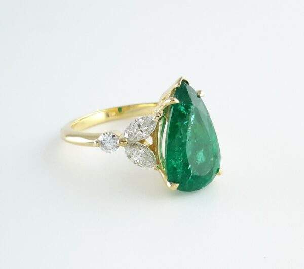 18K Yellow Gold Pear Cut Emerald and Diamond Ring Provident Jewelery