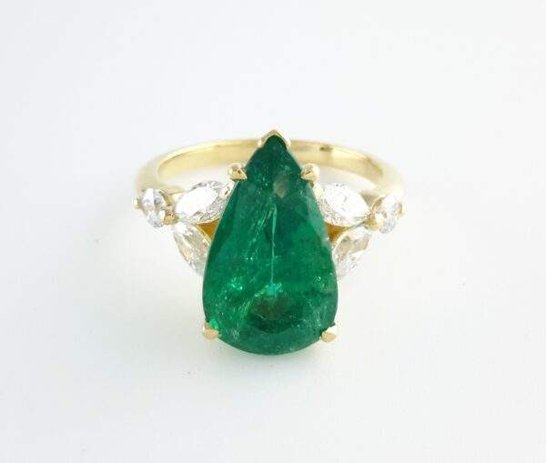 18K Yellow Gold Pear Cut Emerald and Diamond Ring Provident Jewelery