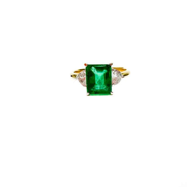 18K Yellow Gold And Platinum  Emerald With 2 Heart Diamond Ring Provident Jewelery