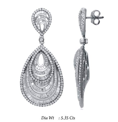 14K Double Pear shape drop Earrings with round and baguette diamonds